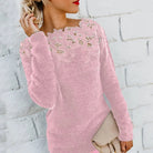 Inès | Pull Femme Maille Duveteuse à Empiècement en Dentelle - Rose