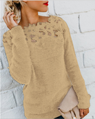 Inès | Pull Femme Maille Duveteuse à Empiècement en Dentelle - Beige