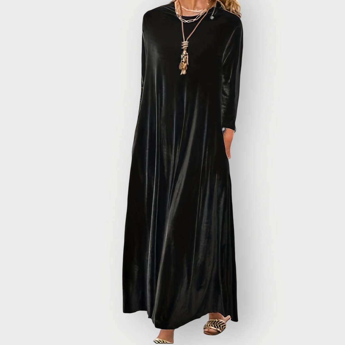Irène | Robe Longue Femme en Velours à Manches Longues et Poches - Noir