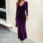 Isaure | Robe Mi-Longue Femme en Velours Col V à Taille Drapée - Violet