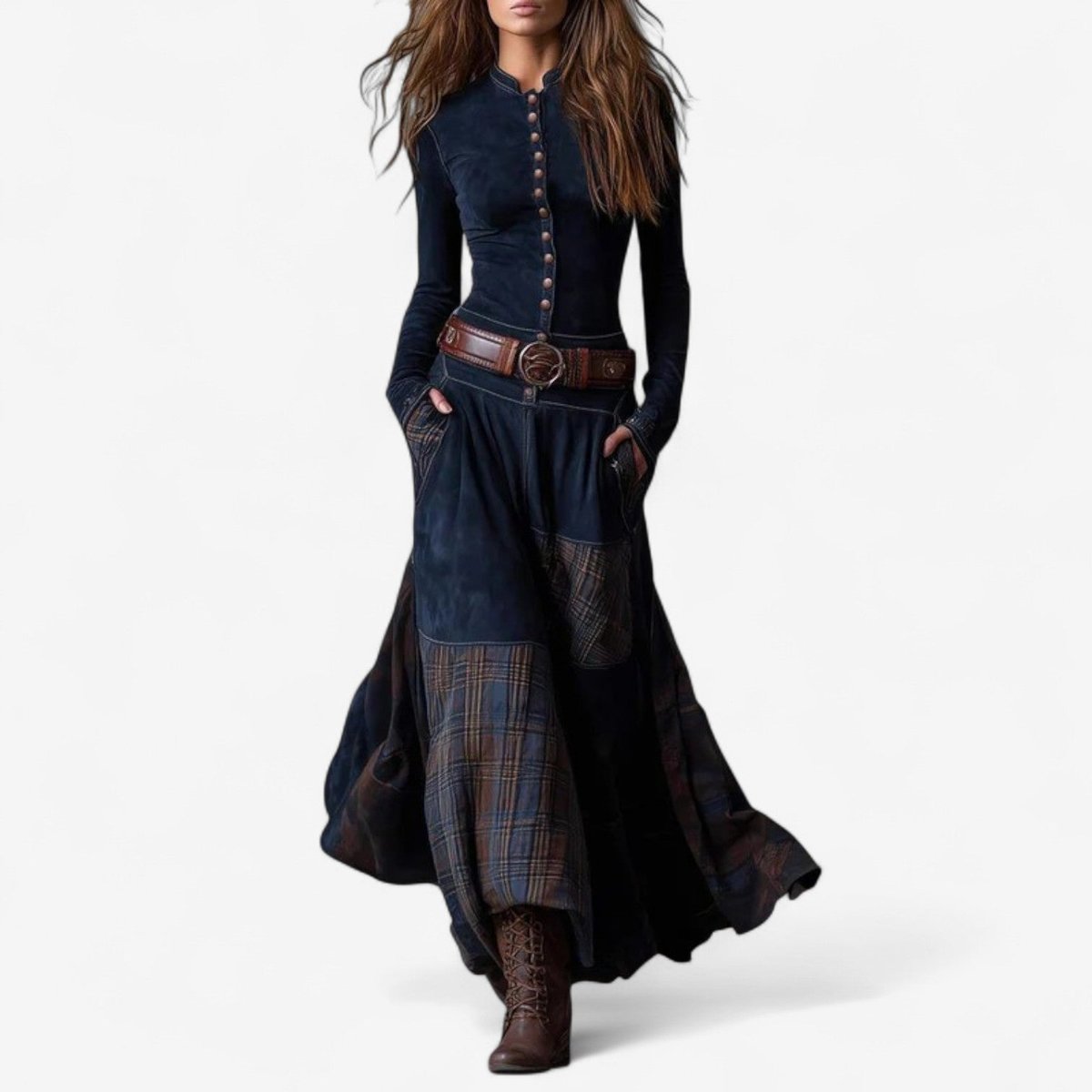 Jacinthe | Robe Longue Femme à Carreaux Patchwork, Boutonnée avec Poches et Ceinture - Bleu roi