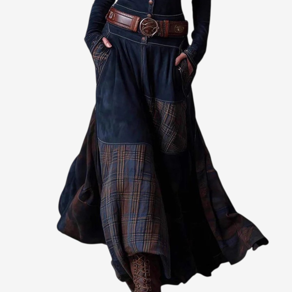 Jacinthe | Robe Longue Femme à Carreaux Patchwork, Boutonnée avec Poches et Ceinture - vue 3