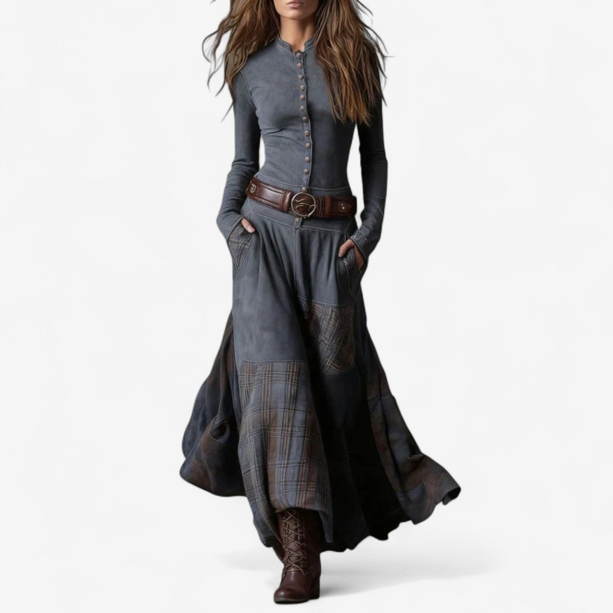 Jacinthe | Robe Longue Femme à Carreaux Patchwork, Boutonnée avec Poches et Ceinture - Gris