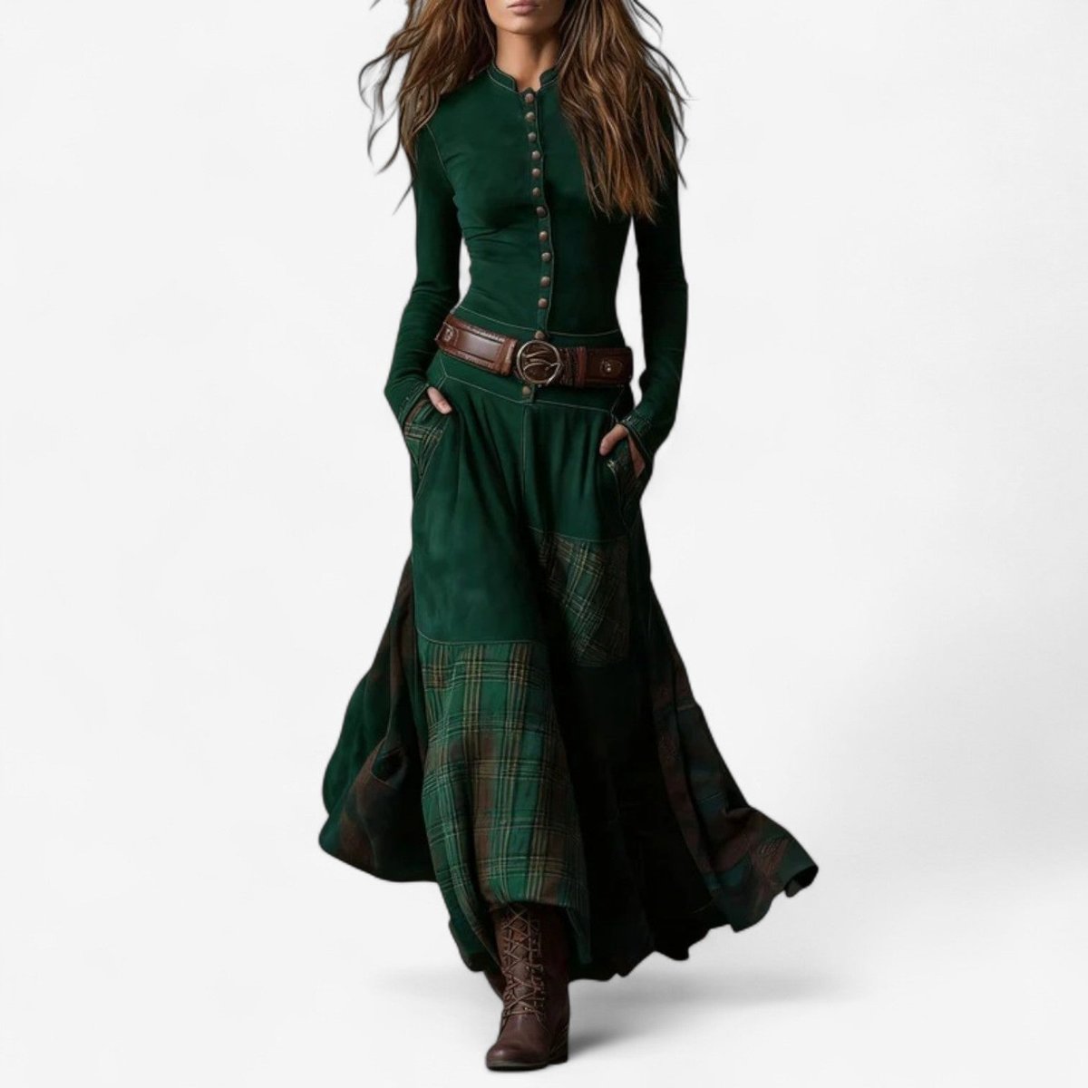 Jacinthe | Robe Longue Femme à Carreaux Patchwork, Boutonnée avec Poches et Ceinture - Vert