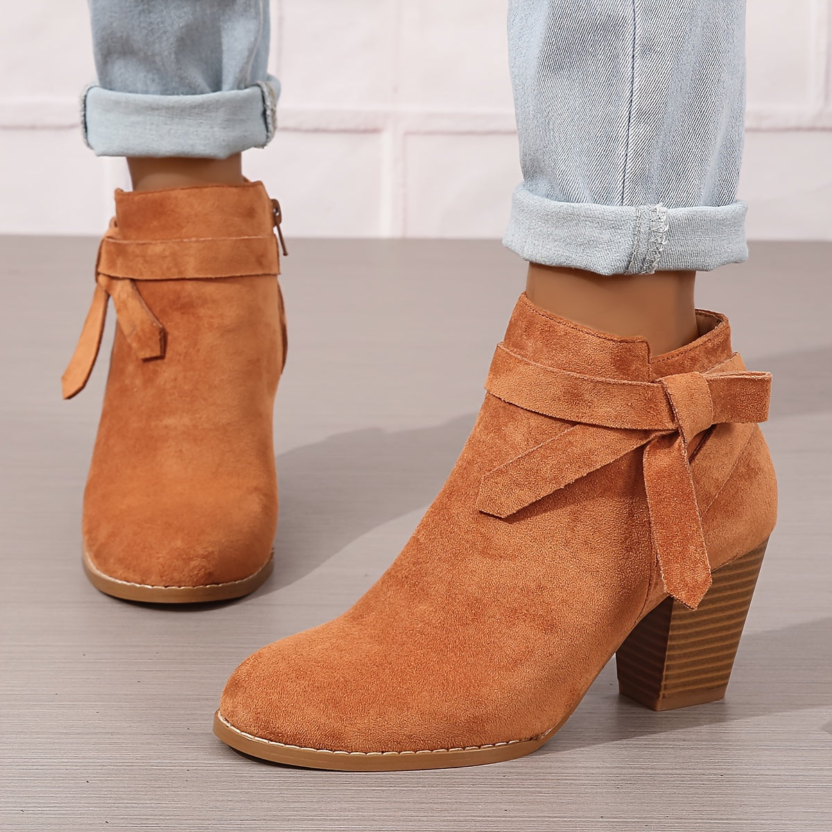 Jacqueline | Bottines Femme Aspect Daim à Talon Bloc et Bride Nouée - vue 6