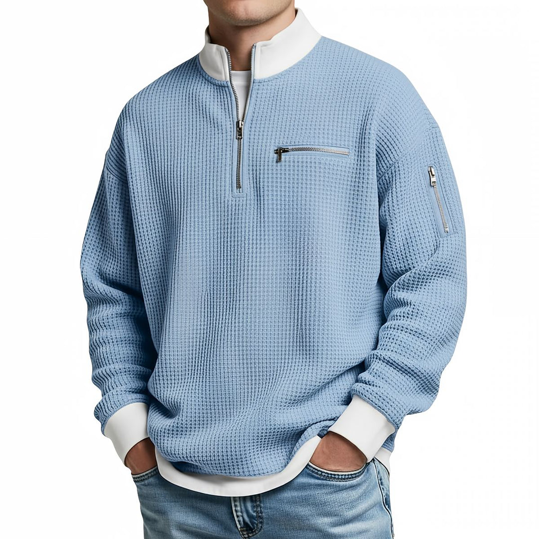 Jacques | Pull Homme Demi-Zip en Maille Gaufrée à Col Montant - Bleu ciel