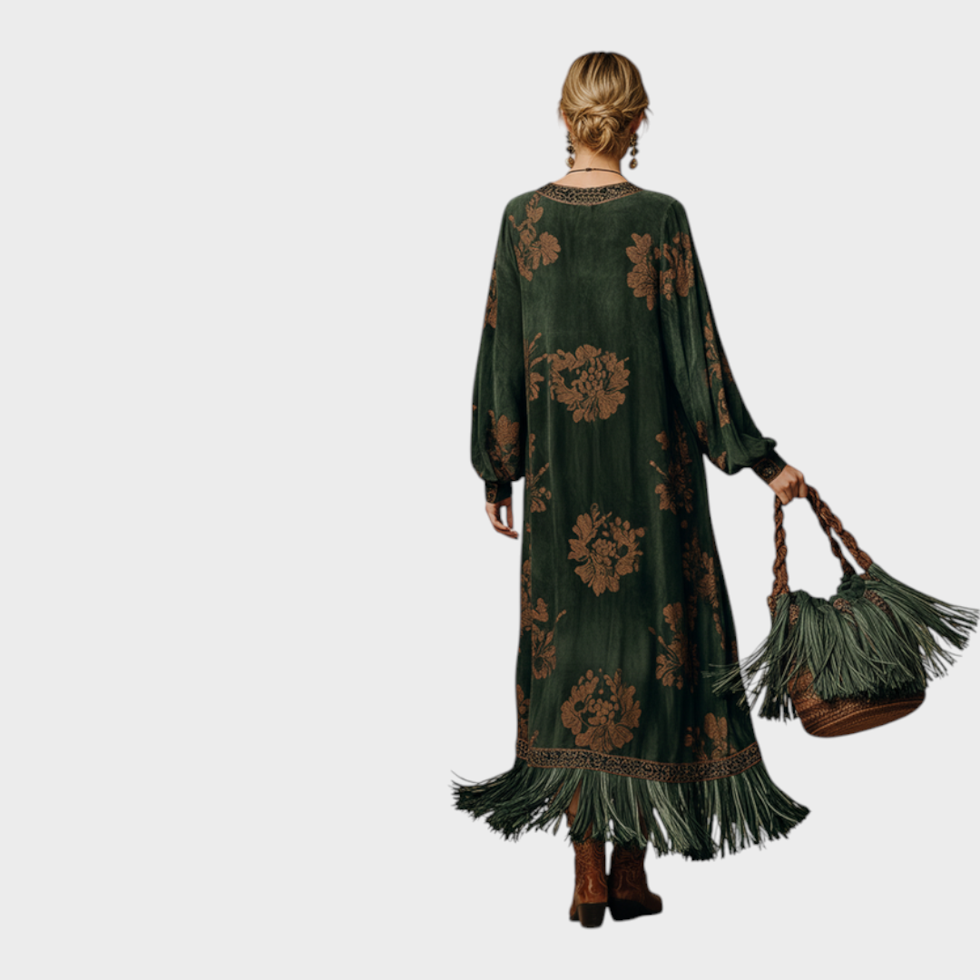 Jeanne | Robe Longue Femme Aspect Suédine à Franges et Col en V - vue 3