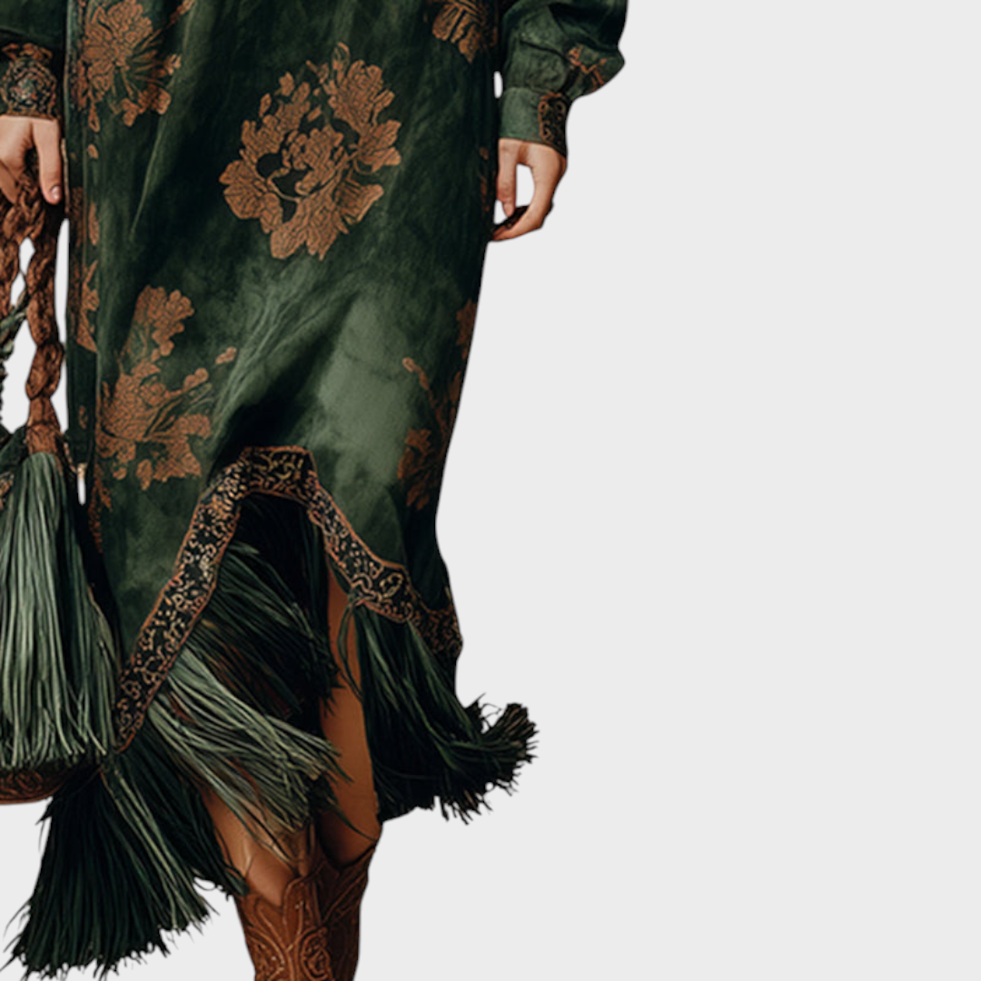 Jeanne | Robe Longue Femme Aspect Suédine à Franges et Col en V - vue 4