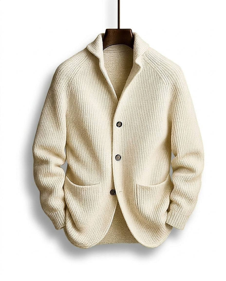 Jérôme | Gilet Homme en Maille Côtelée à Col Châle et Boutons - Écru