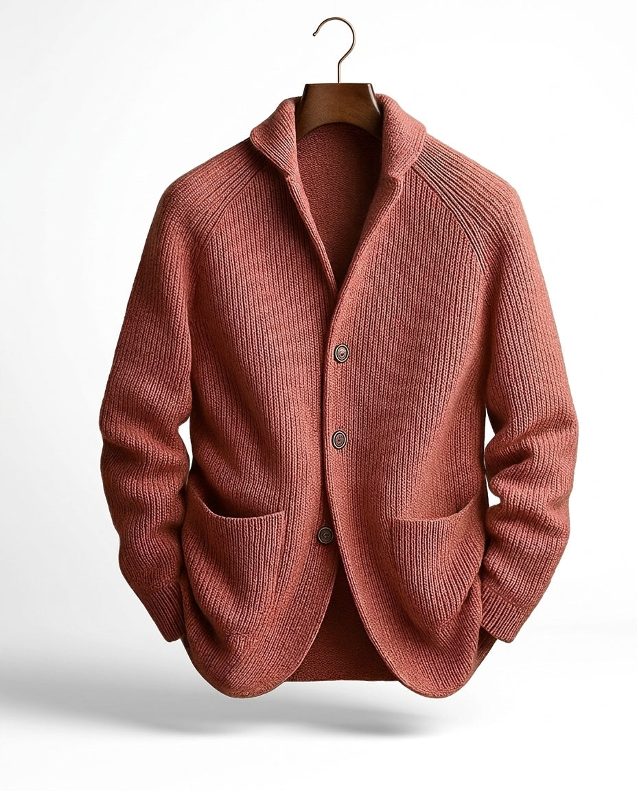 Jérôme | Gilet Homme en Maille Côtelée à Col Châle et Boutons - Terracotta