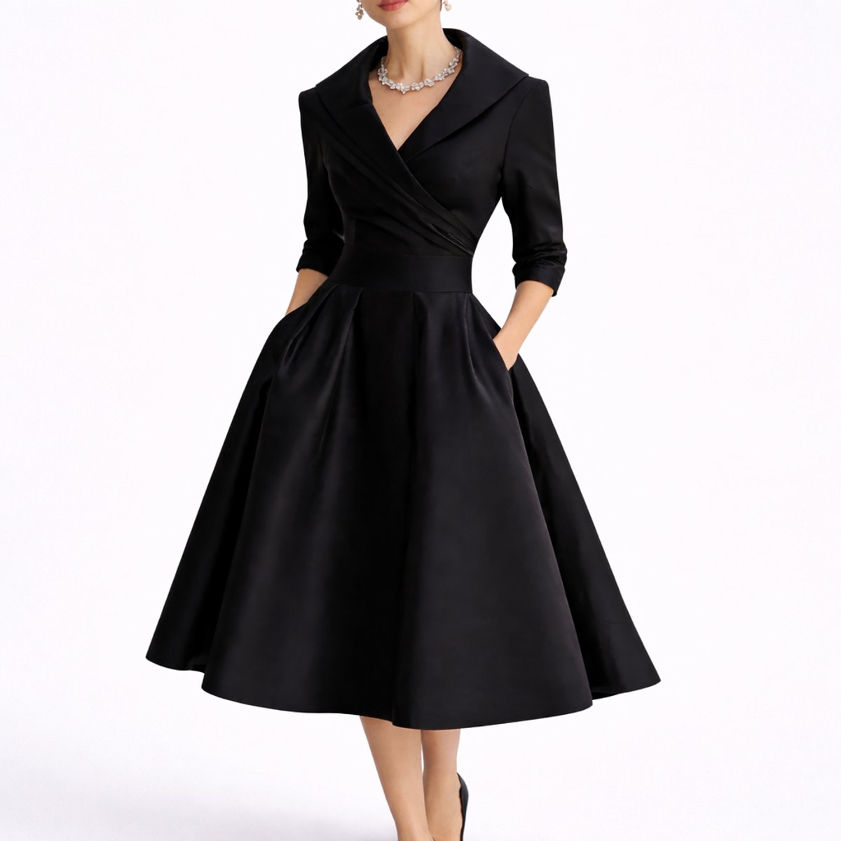 Judith | Robe Midi Femme Évasée à Poches, Col Croisé et Manches 3/4 - Noir