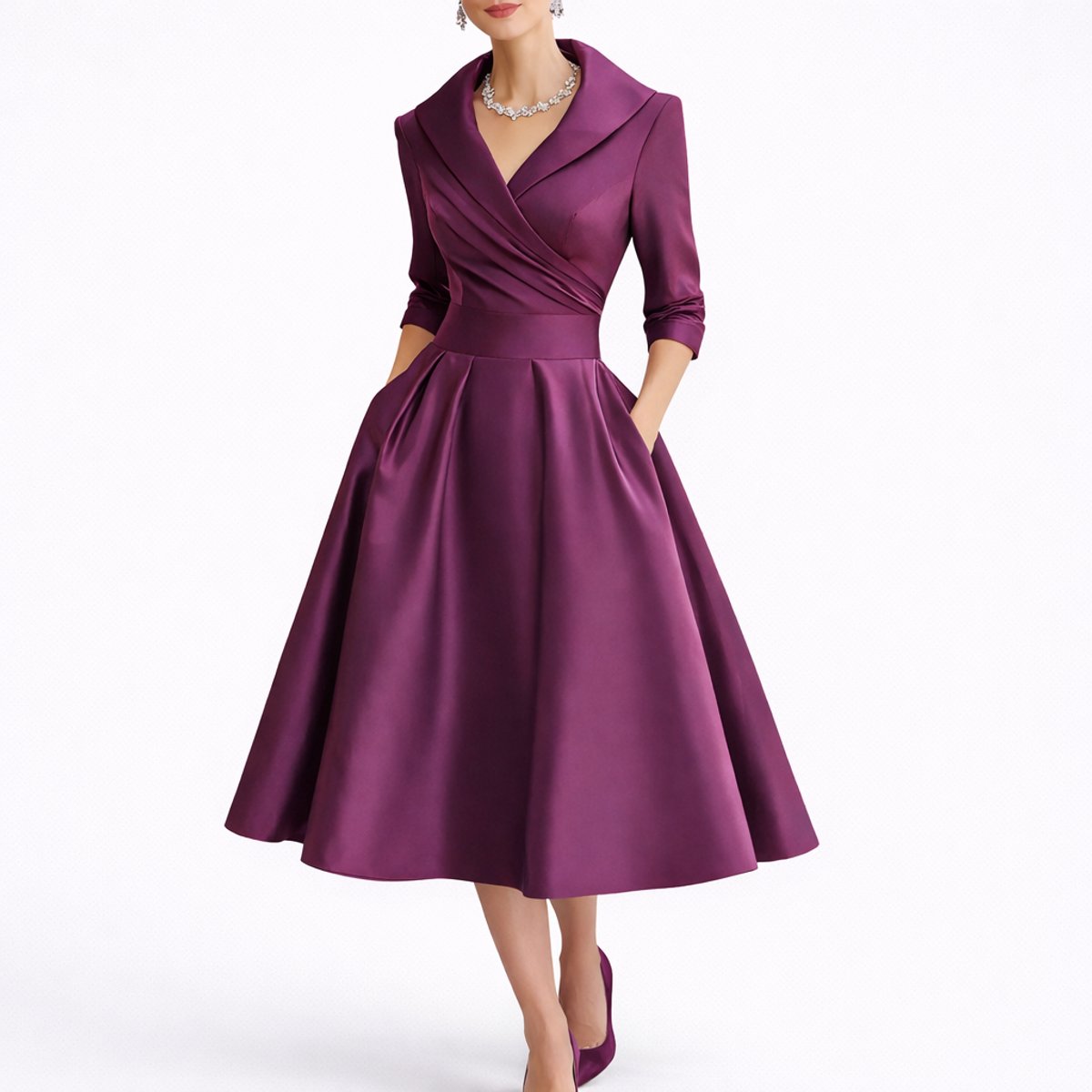 Judith | Robe Midi Femme Évasée à Poches, Col Croisé et Manches 3/4 - Violet