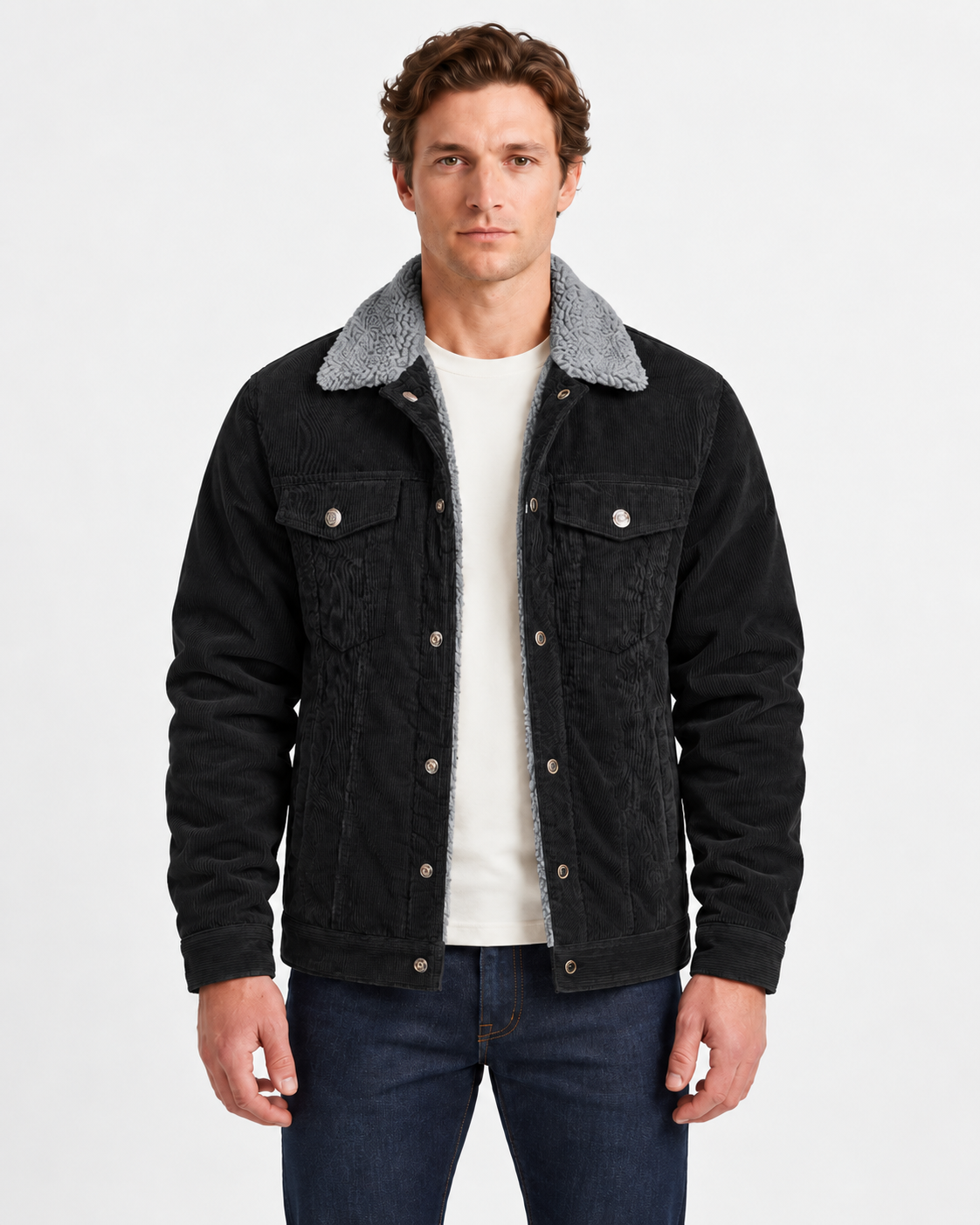 Jules | Veste Homme en Velours Côtelé à Col Sherpa et Doublure Douce - Noir col gris