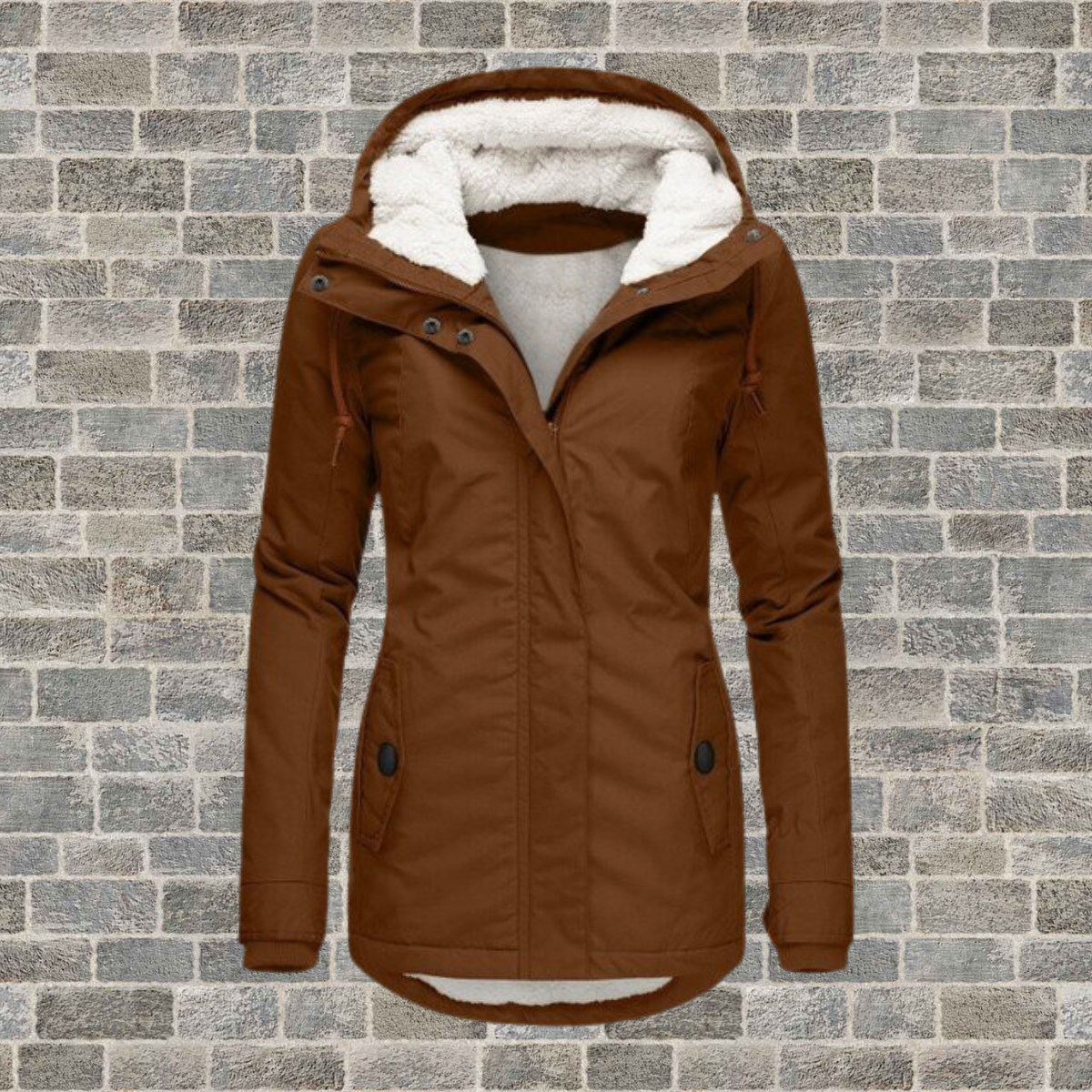 Julie | Parka Femme à Capuche Doublée Effet Sherpa, Coupe Cintrée - Cognac
