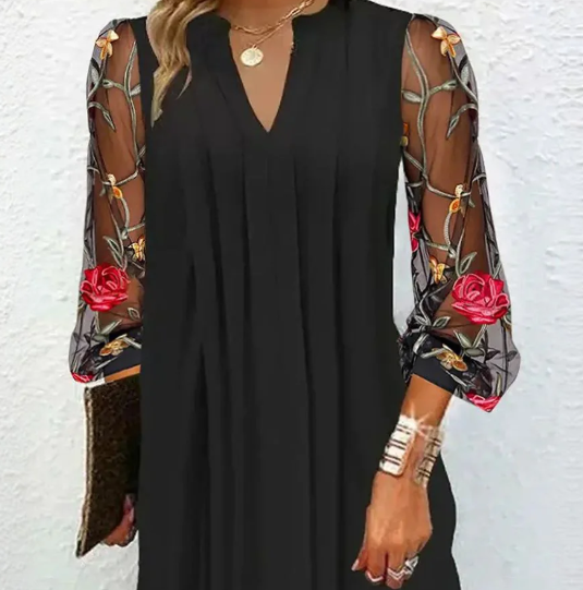 Ines Paris | Robe Noire Élégante Femme Manches en Tulle Brodé