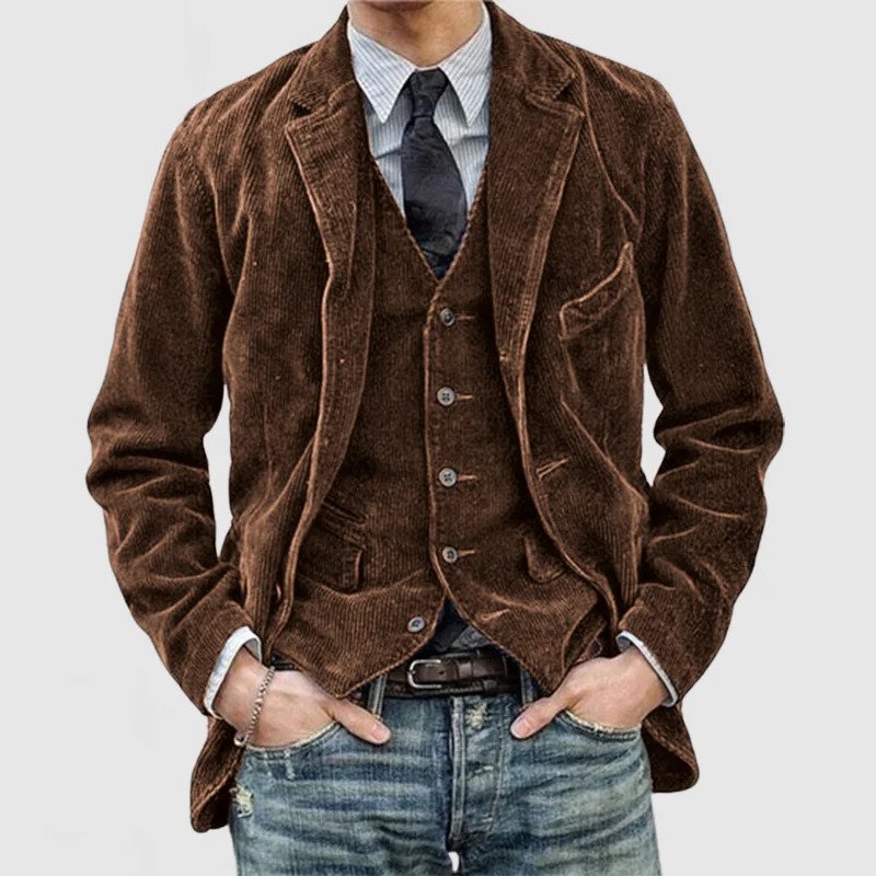 Lancelot | Ensemble Homme Veste et Gilet en Velours Côtelé Style Vintage - Brun