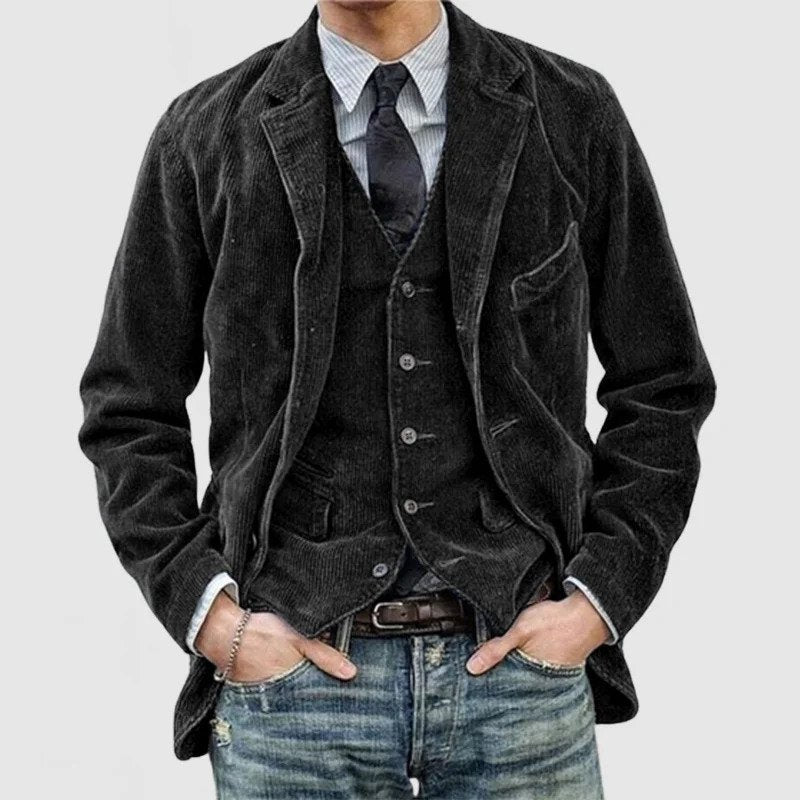 Lancelot | Ensemble Homme Veste et Gilet en Velours Côtelé Style Vintage - Noir