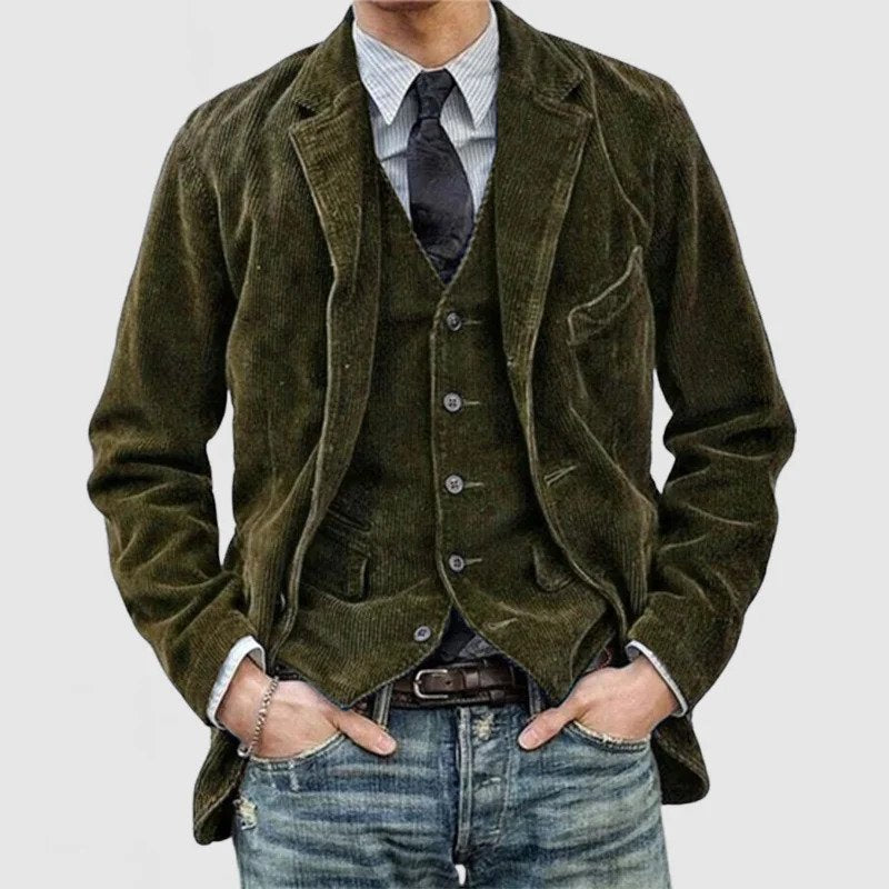 Lancelot | Ensemble Homme Veste et Gilet en Velours Côtelé Style Vintage - Vert armée