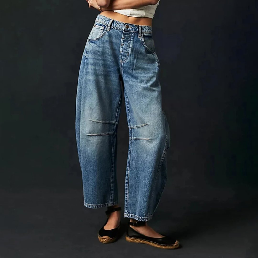 Laure | Jean Femme Taille Haute Coupe Baril à Cinq Poches - Bleu foncé