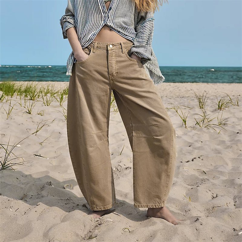 Laure | Jean Femme Taille Haute Coupe Baril à Cinq Poches - Beige