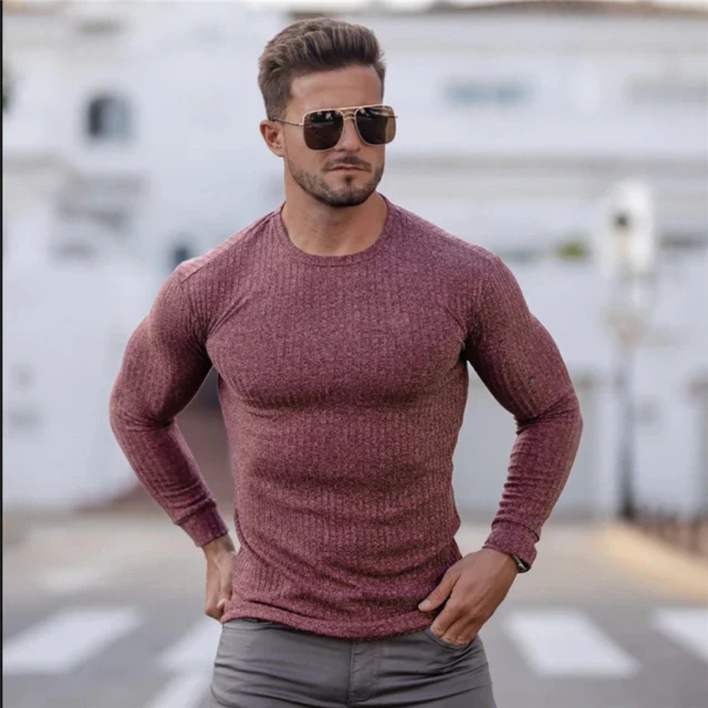 Lazare | Pull Col Rond Homme en Maille Côtelée Ajustée - Bordeaux chiné