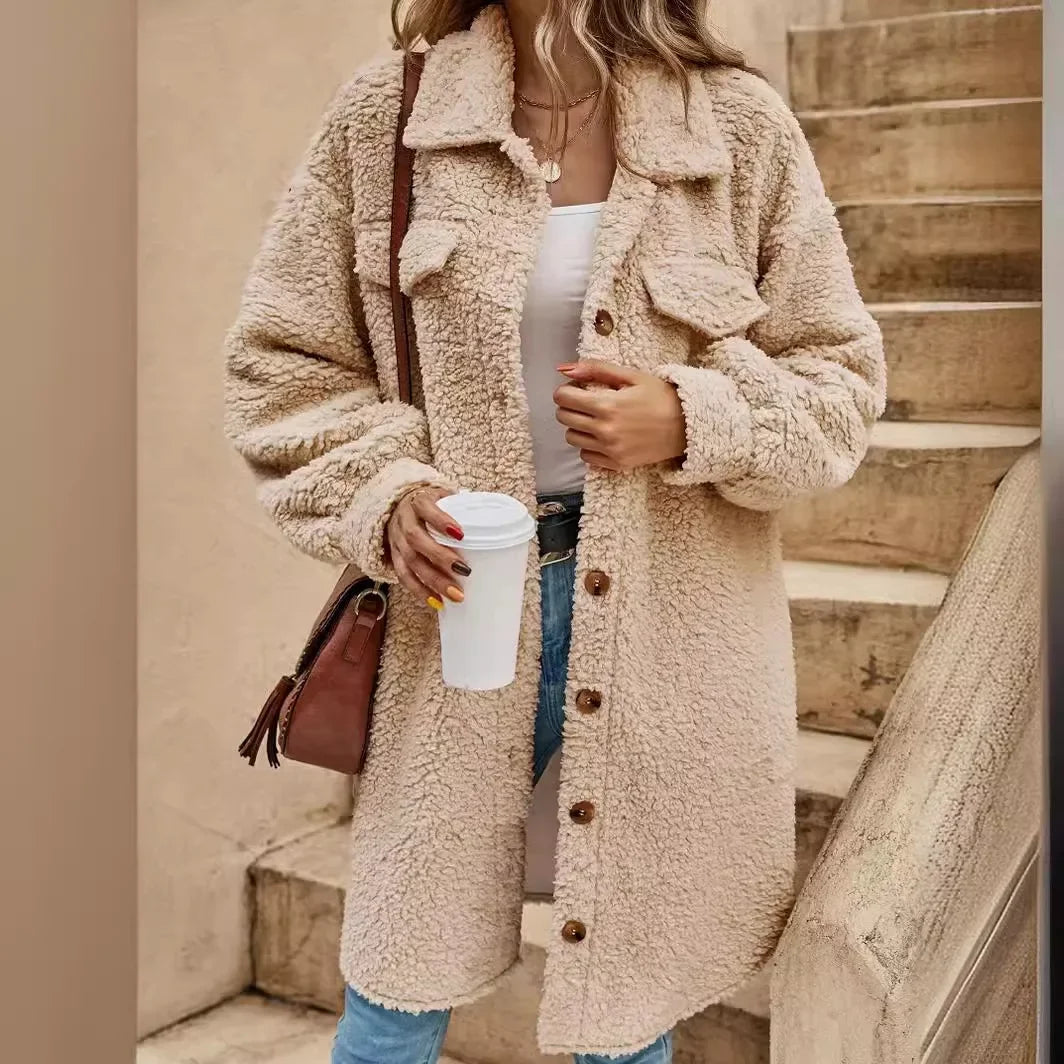 Léa | Veste Longue Femme Effet Teddy Boutonnée à Col Chemise - vue 10