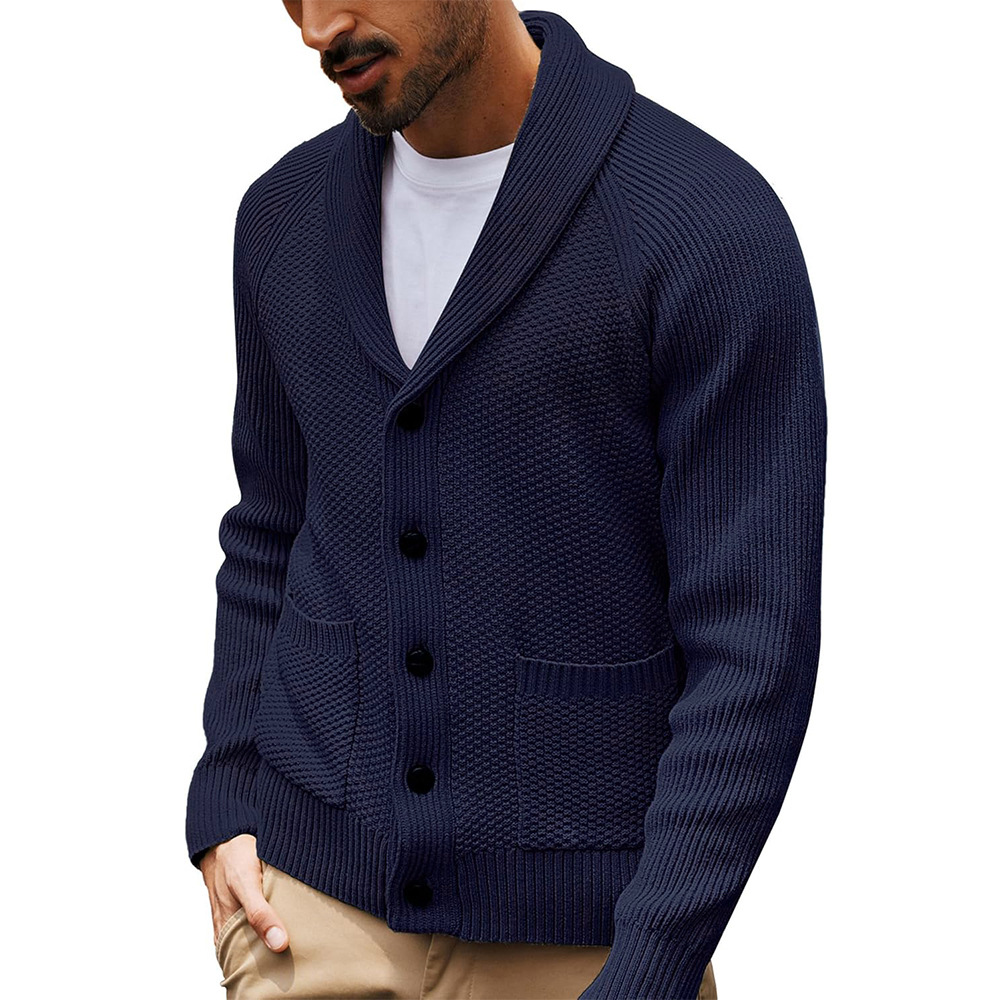 Léandre | Gilet Homme Col Châle Ouvert en Maille Douce à Poches à Rabat - Bleu marine