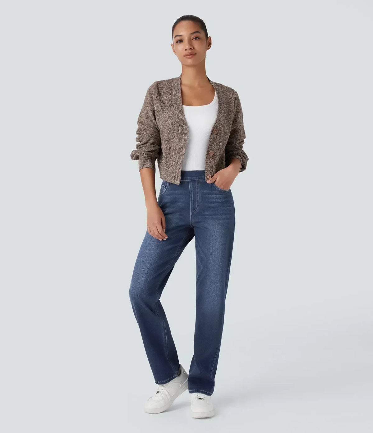 Léonie | Pantalon Femme en Denim Foncé Taille Haute pour l'Hiver - vue 2