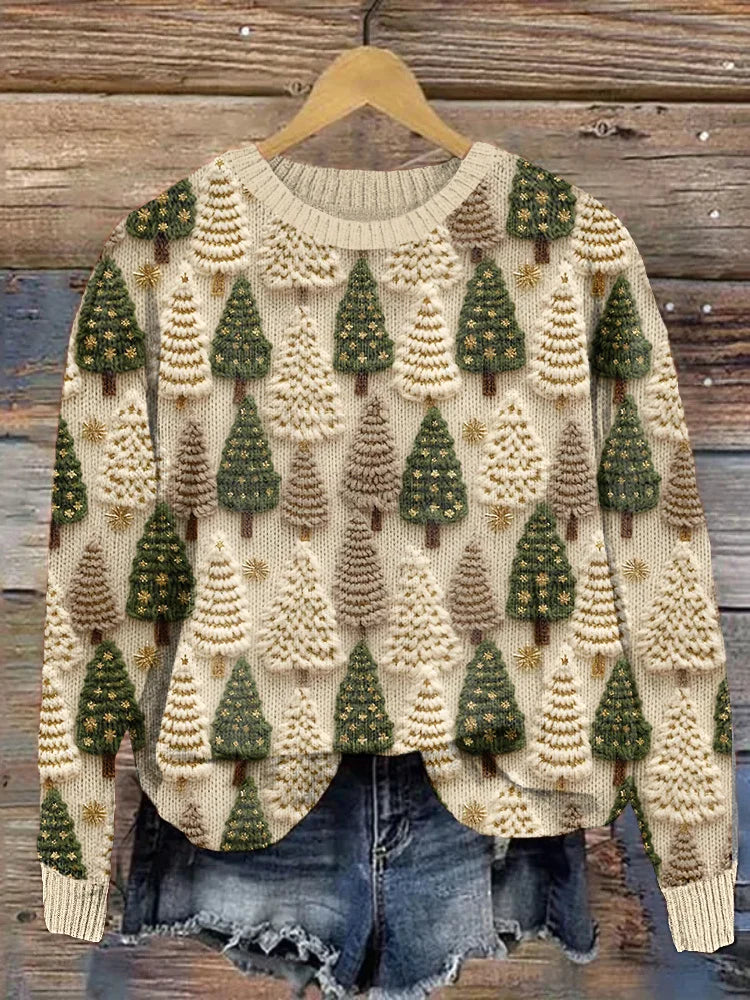 Léontine | Pull en Maille Femme à Motifs d'Hiver, Coupe Ample et Col Rond - Beige
