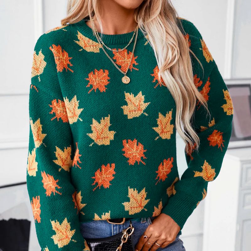 Lise | Pull Femme en Maille à Motif Feuilles d'Automne et Col Rond - Vert sapin