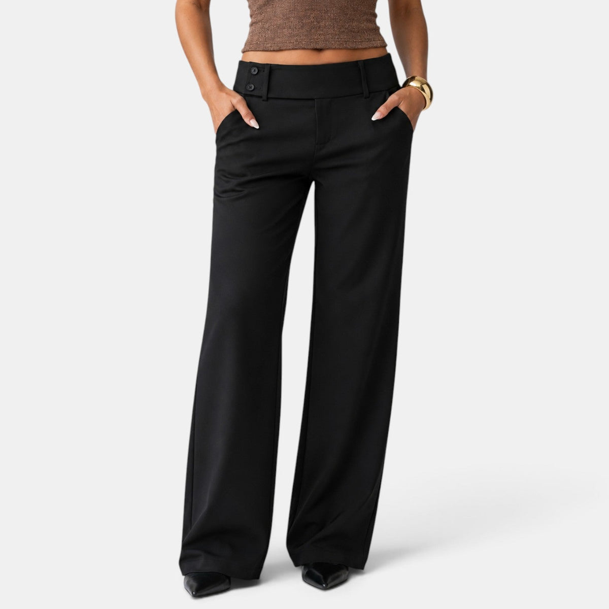 Lison | Pantalon Habillé Femme Large à Taille Haute et Double Bouton - Noir
