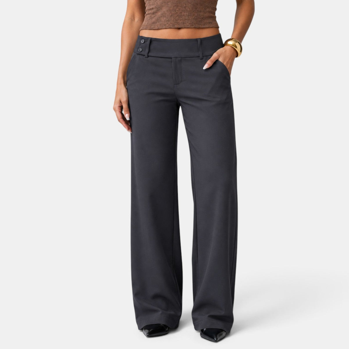 Lison | Pantalon Habillé Femme Large à Taille Haute et Double Bouton - Gris