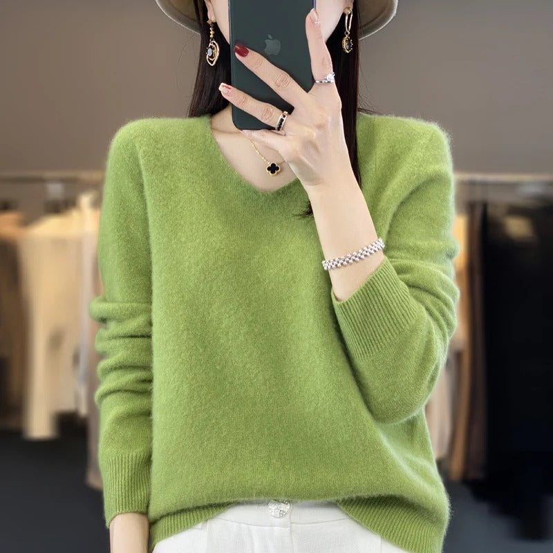 Lorraine | Pull Col V Femme Toucher Laine en Maille Douce Coupe Ample - Vert anis
