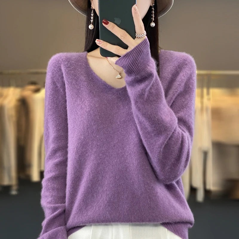 Lorraine | Pull Col V Femme Toucher Laine en Maille Douce Coupe Ample - Mauve