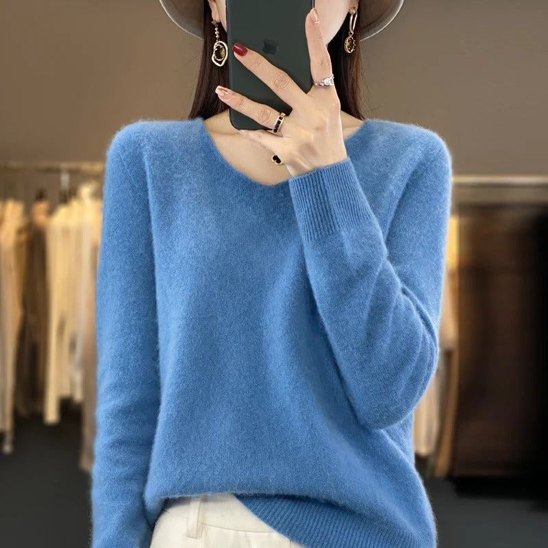 Lorraine | Pull Col V Femme Toucher Laine en Maille Douce Coupe Ample - Bleu clair
