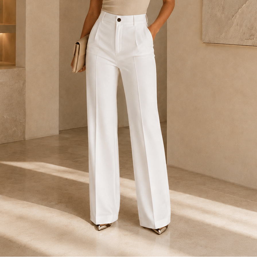 Louisa | Pantalon Large Plissé Femme Taille Haute avec Bouton - Blanc