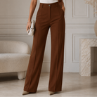 Louisa | Pantalon Large Plissé Femme Taille Haute avec Bouton - Marron