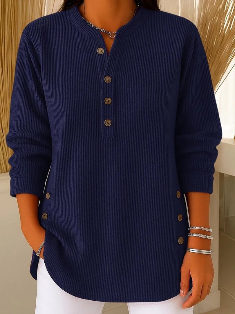 Lucette | Pull Côtelé Femme Manches Longues à Boutons Décoratifs - Bleu marine