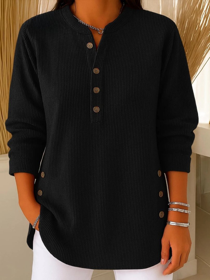 Lucette | Pull Côtelé Femme Manches Longues à Boutons Décoratifs - Noir