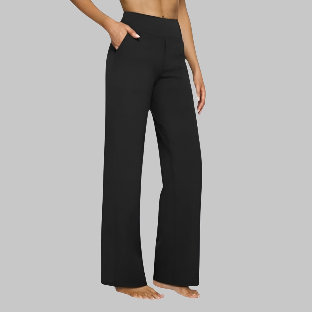 Lucienne | Pantalon Femme Extensible Taille Haute à Poches, Jambe Large - Noir