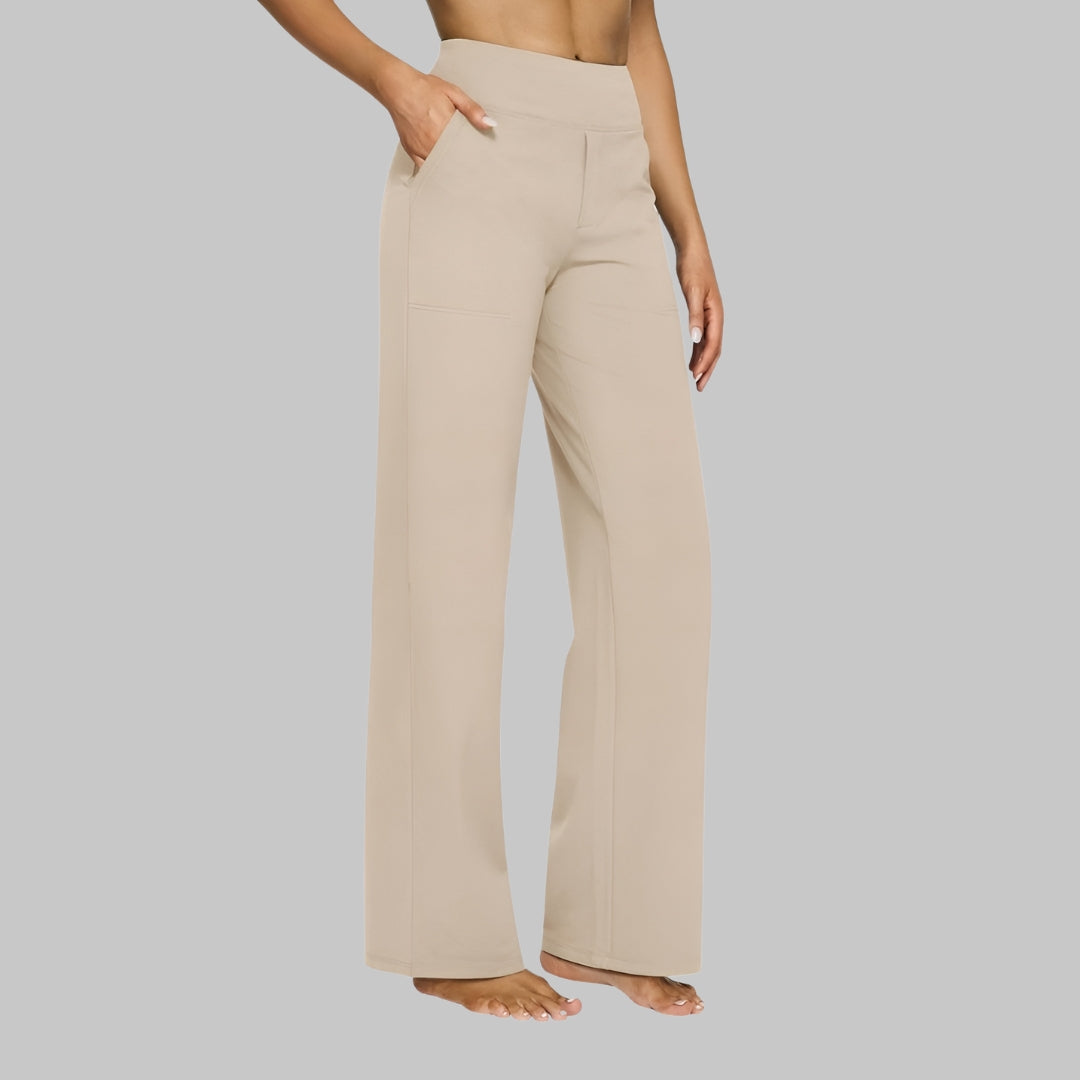 Lucienne | Pantalon Femme Extensible Taille Haute à Poches, Jambe Large - Crème