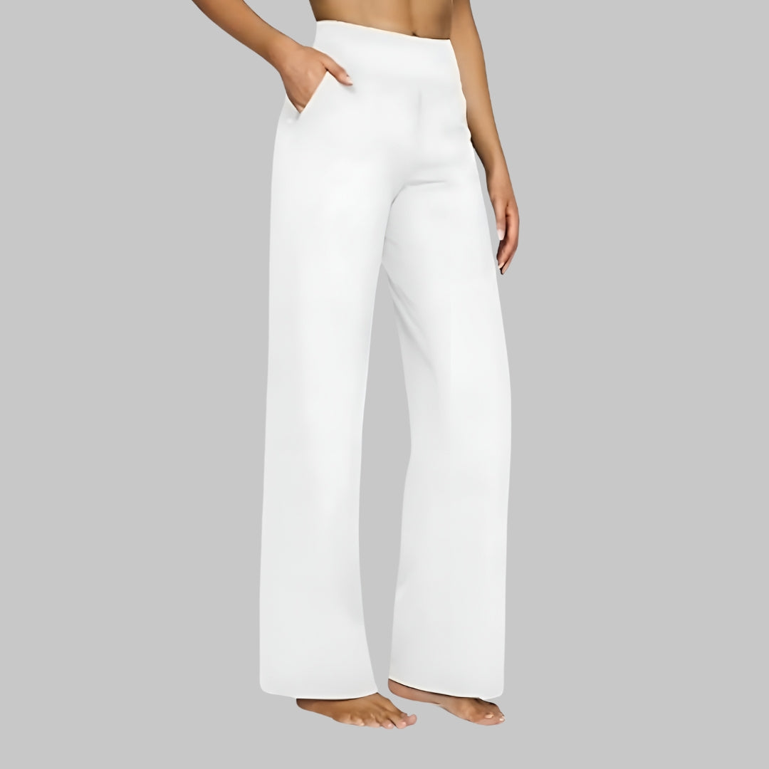 Lucienne | Pantalon Femme Extensible Taille Haute à Poches, Jambe Large - Blanc