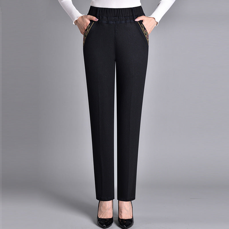Madeleine | Jean Droit Stretch Femme Taille Élastique, Option Doublure Chaude - Noir – classique