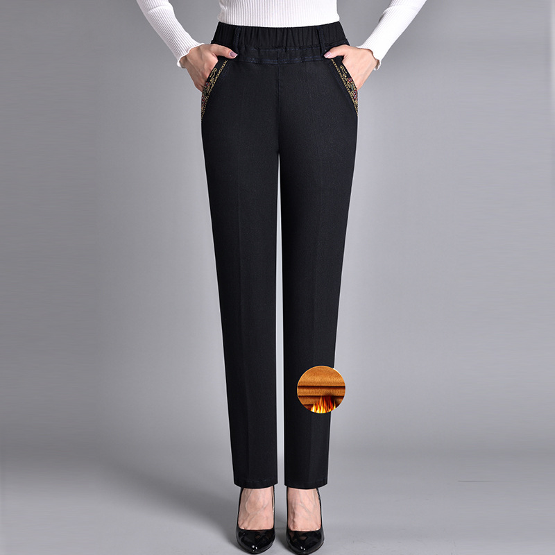 Madeleine | Jean Droit Stretch Femme Taille Élastique, Option Doublure Chaude - Noir – doublé hiver