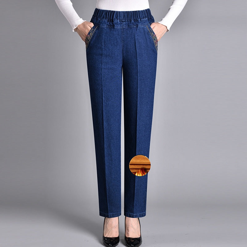 Madeleine | Jean Droit Stretch Femme Taille Élastique, Option Doublure Chaude - Bleu foncé – doublé hiver