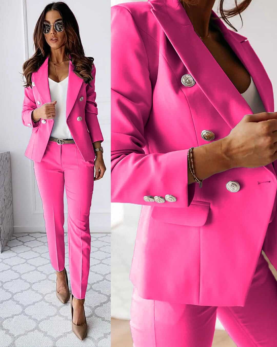 Mahaut | Tailleur Pantalon Femme Blazer Croisé à Boutons Dorés et Pantalon Slim - Rose