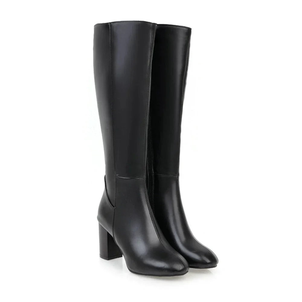 Marceline | Bottes Hautes Femme Effet Cuir à Talon Large et Zip Latéral - Noir