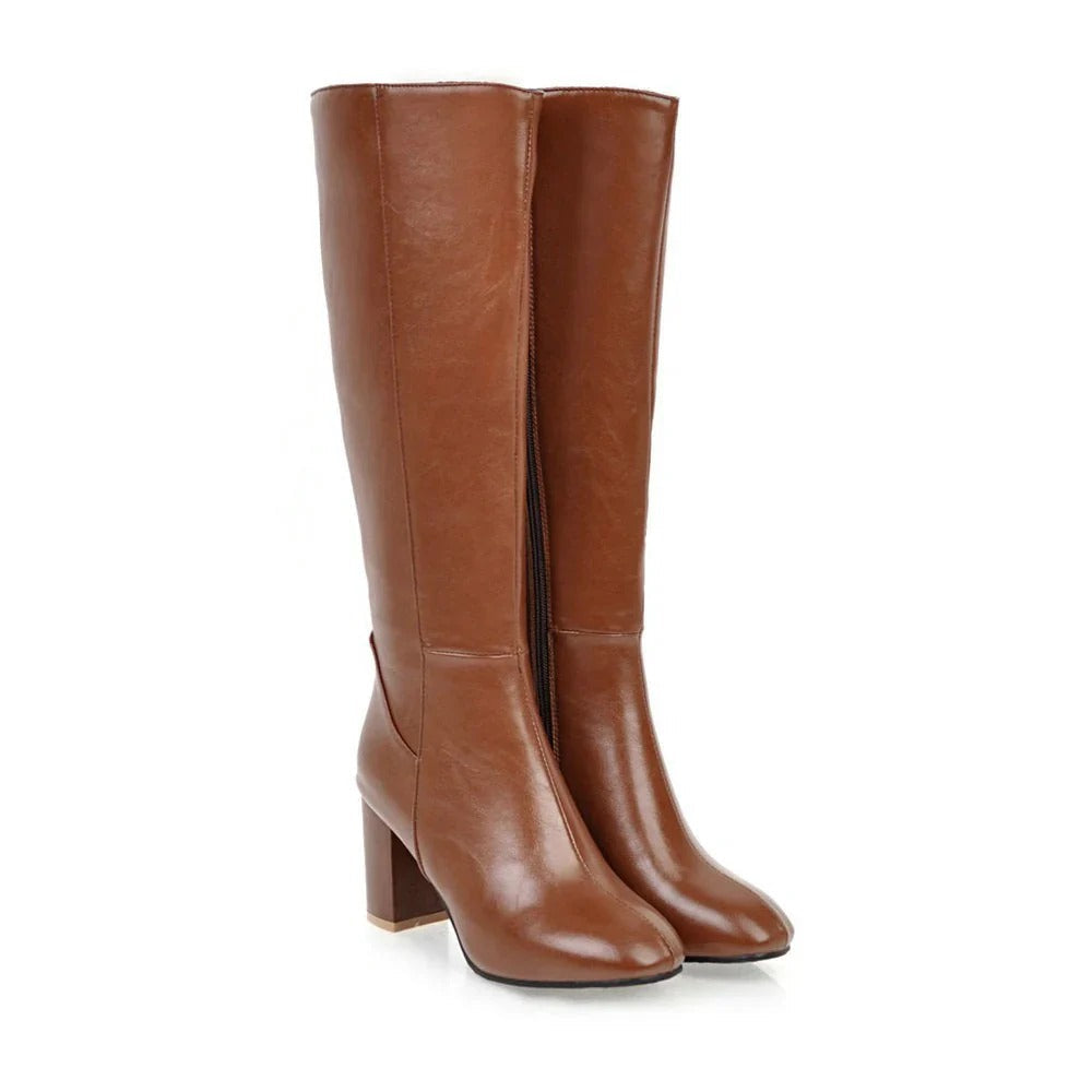 Marceline | Bottes Hautes Femme Effet Cuir à Talon Large et Zip Latéral - Marron
