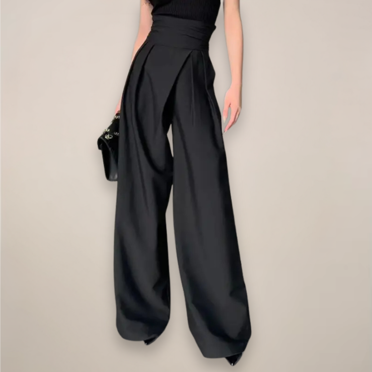 Margaux | Pantalon Femme Taille Haute à Jambe Large et Pinces, Coupe Fluide - Noir