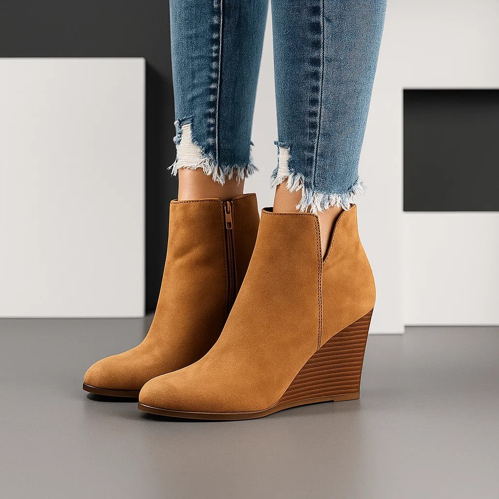 Marianne | Bottines Compensées Femme Aspect Daim à Découpe Latérale - Kaki